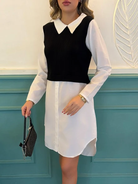 Kadın Uzun Kollu Gömlek Yaka çift Renkli Trikoton Elbise ürün görseli