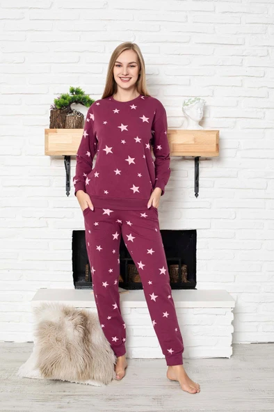 Kadın Bisiklet Yaka Düğmesiz Bilek Manşet/Lastikli 2 İplik Cepli Kışlık Jogger Eşofman Pijama Takımı - Resim 6