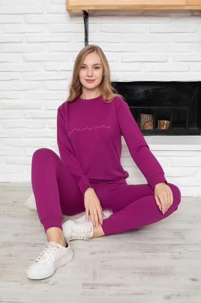 Kadın Bisiklet Yaka Düğmesiz Bilek Manşet/Lastikli 2 İplik Cepli Kışlık Jogger Eşofman Pijama Takımı - Resim 9