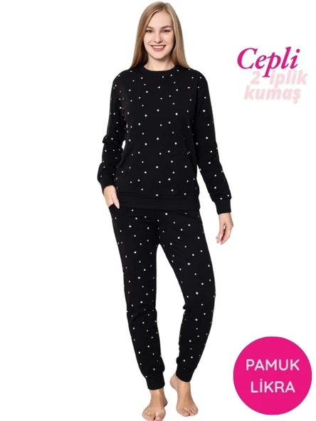 Kadın Bisiklet Yaka Düğmesiz Bilek Manşet/Lastikli 2 İplik Cepli Kışlık Jogger Eşofman Pijama Takımı - Resim 2