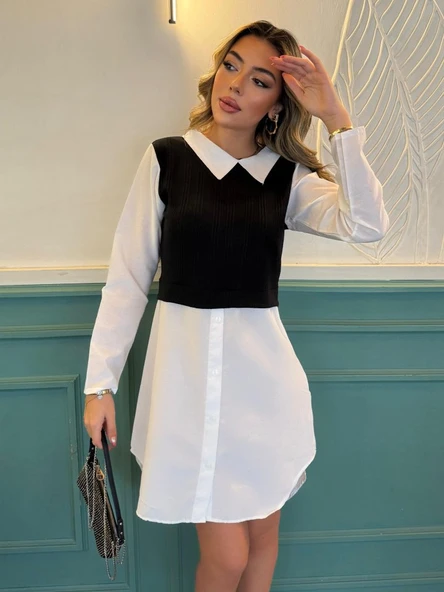 Kadın Uzun Kollu Gömlek Yaka çift Renkli Trikoton Elbise - Resim 3