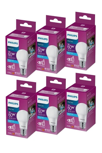 philips 8 w=60w e27 duy led ampül 6 lı sarı ışık ürün görseli