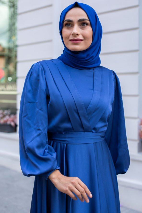Tesettür Abiye Elbise - Saks Mavisi - 2