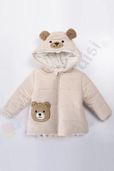 Ayıcıklı İçi Peluş Kürklü Fermuarlı Kapitone Kapüşonlu Kar Şişme Kışlık Erkek Bebek Mont Çocuk Kaban - 9