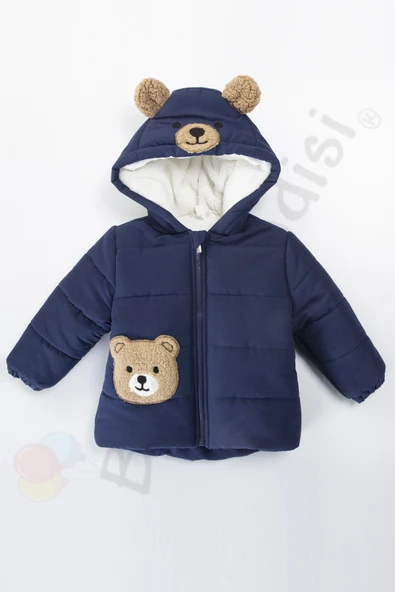 Ayıcıklı İçi Peluş Kürklü Fermuarlı Kapitone Kapüşonlu Kar Şişme Kışlık Erkek Bebek Mont Çocuk Kaban - 5