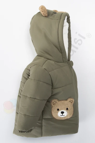 Ayıcıklı İçi Peluş Kürklü Fermuarlı Kapitone Kapüşonlu Kar Şişme Kışlık Erkek Bebek Mont Çocuk Kaban - 3