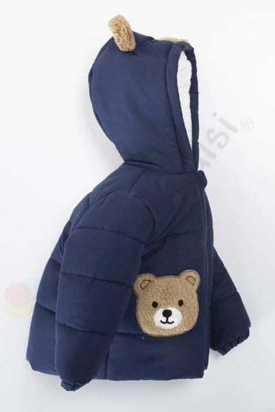 Ayıcıklı İçi Peluş Kürklü Fermuarlı Kapitone Kapüşonlu Kar Şişme Kışlık Erkek Bebek Mont Çocuk Kaban - 7