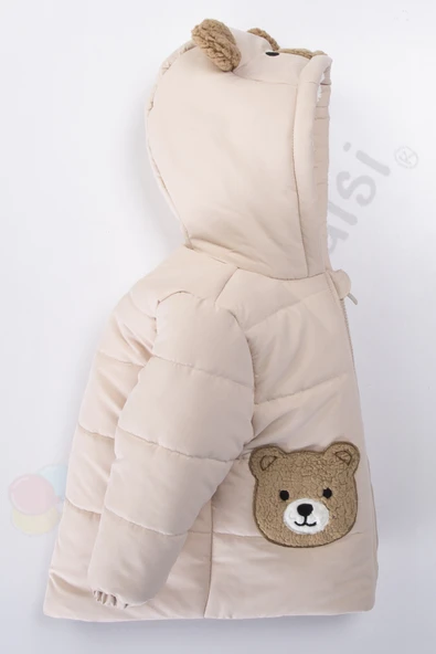 Ayıcıklı İçi Peluş Kürklü Fermuarlı Kapitone Kapüşonlu Kar Şişme Kışlık Erkek Bebek Mont Çocuk Kaban - 11