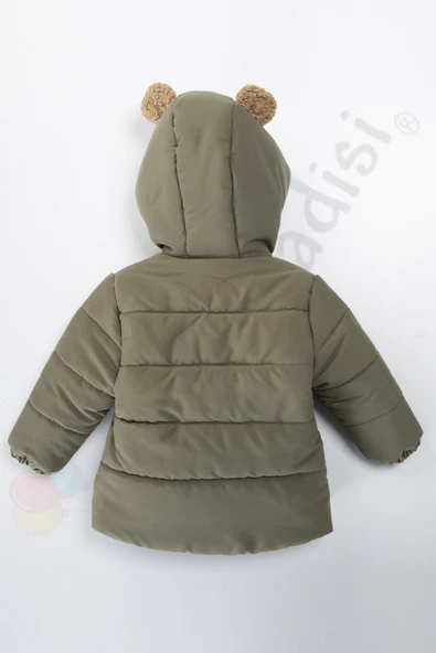 Ayıcıklı İçi Peluş Kürklü Fermuarlı Kapitone Kapüşonlu Kar Şişme Kışlık Erkek Bebek Mont Çocuk Kaban - 2
