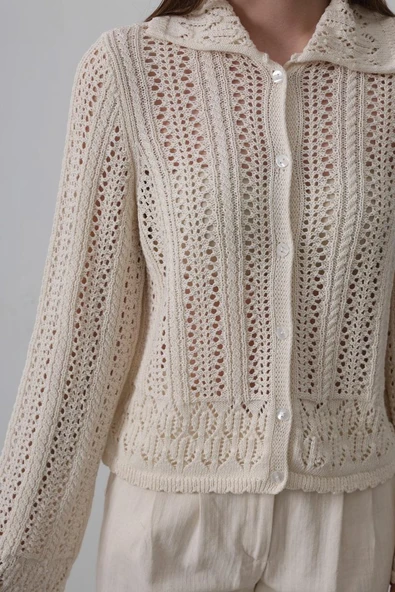 Gömlek Yaka Uzun Kol Triko - Ekru - Resim 4