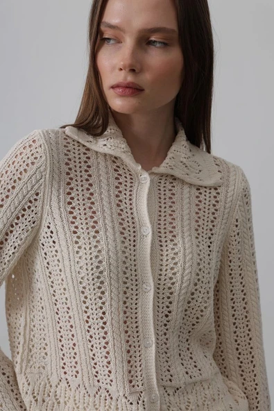 Gömlek Yaka Uzun Kol Triko - Ekru - Resim 3