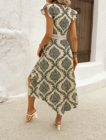 Kadın Kısa Kollu V Yakalı çiçek Desenli önü Kısa Arkası Uzun Pegasus Elbise - Resim 2