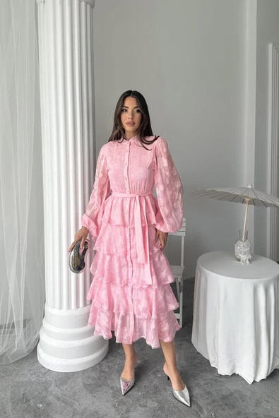 Şeker Pembesi Uzun Volanlı Elbise ürün görseli
