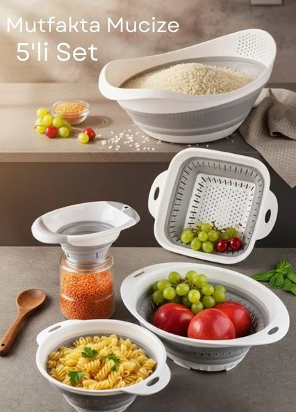 Çeyizlik 5’li Katlanır Süzgeç Seti – Pratik, Yer Tasarruflu Akordiyon Tasarım ürün görseli 1