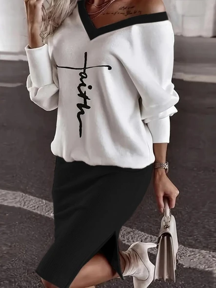 Kadın Uzun Kollu V Yakalı Iki Iplik Bluz Ve şardonlu Kaşkorse Etek Ikili Takım ürün görseli