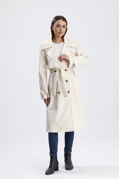 Ekru Klasik Kuşaklı Astarlı Trençkot