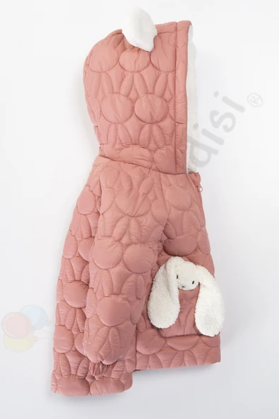 YENİ Tavşanlı Fermuarlı İçi Kürklü Peluş Cepli Kapüşonlu Şişme Kar Kışlık Kız Bebek Mont Çocuk Kaban - 7