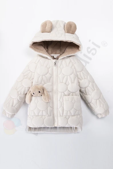 YENİ Tavşanlı Fermuarlı İçi Kürklü Peluş Cepli Kapüşonlu Şişme Kar Kışlık Kız Bebek Mont Çocuk Kaban