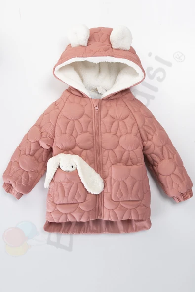 YENİ Tavşanlı Fermuarlı İçi Kürklü Peluş Cepli Kapüşonlu Şişme Kar Kışlık Kız Bebek Mont Çocuk Kaban - 5