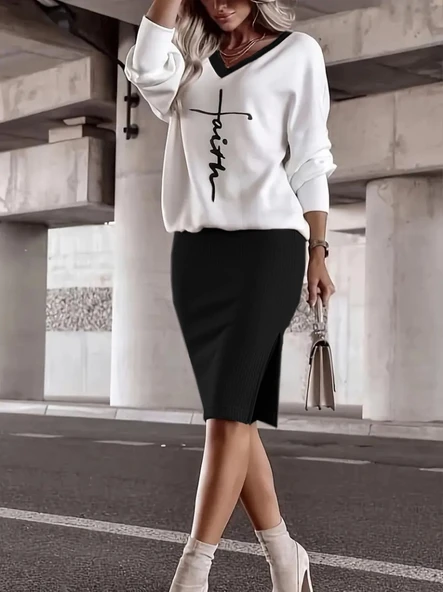 Kadın Uzun Kollu V Yakalı Iki Iplik Bluz Ve şardonlu Kaşkorse Etek Ikili Takım - Resim 3