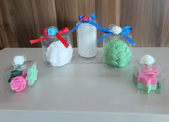 Taçlı prenses ıstiridye ve yıldız gül  görünümlü Kokulu Doğal beyaz pembe yeşil renk 6lı Dekoratif  mum - 3