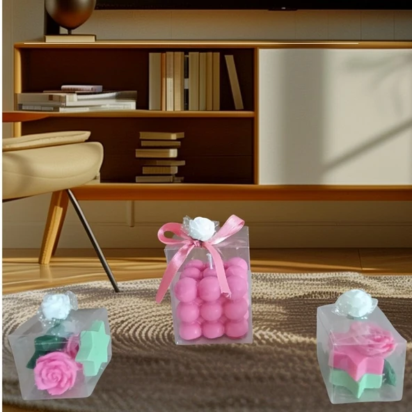 Kokulu Doğal pembe yeşil renk 3 lü Dekoratif  mum ürün görseli