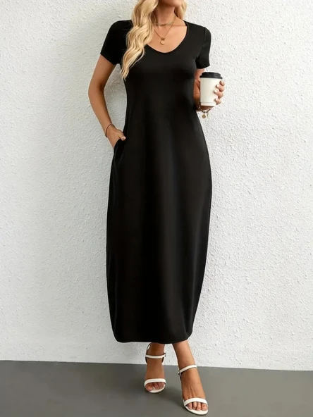 Kadın Kısa Kollu Yakası Yuvarlak Cepli Viskon Elbise - Resim 3