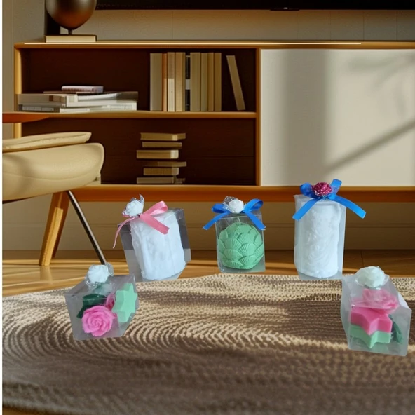 Taçlı prenses ıstiridye yıldız gül vesalıncak daki çocıklar figürlü Kokulu Doğal 5lı Dekoratif  mum ürün görseli