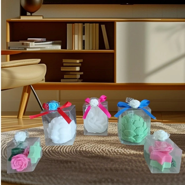 Uyuyan melek ıstiridye yıldız ve gül görünümlü Kokulu Doğal yapım Dekoratif 5li mum