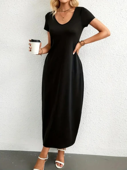 Kadın Kısa Kollu Yakası Yuvarlak Cepli Viskon Elbise - Resim 5