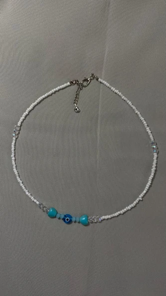 El Yapımı Nazar Boncuklu Turkuaz Boncuklu Kolye - Resim 3