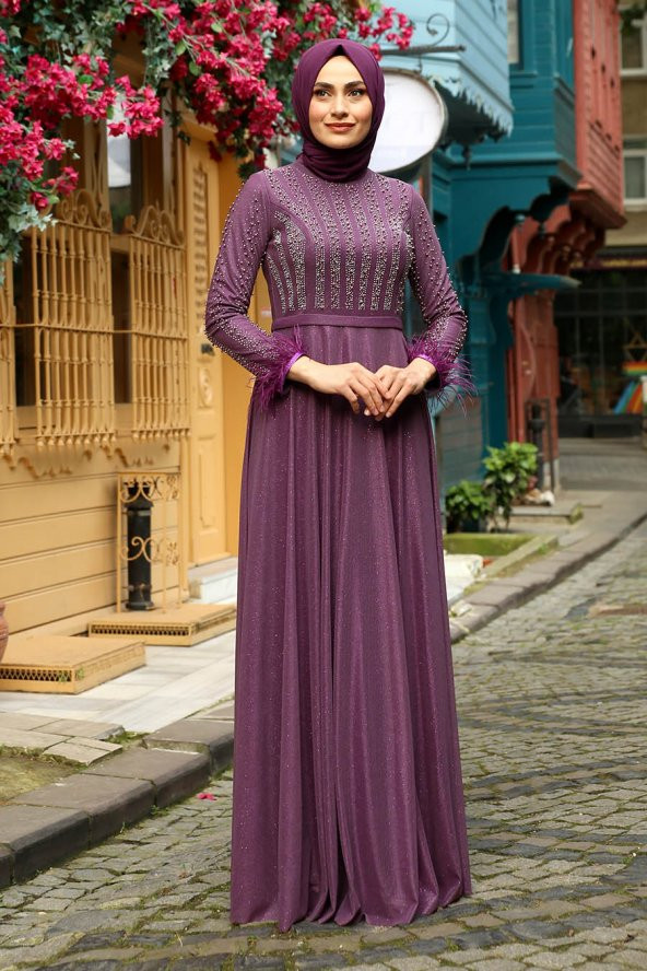 Taşlı Tesettür Abiye Elbise - Mor - 1