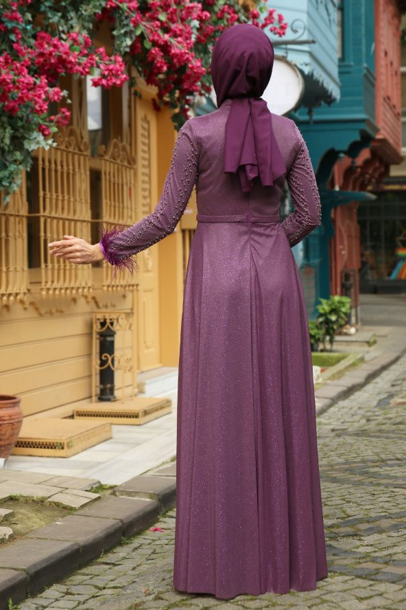 Taşlı Tesettür Abiye Elbise - Mor - 3