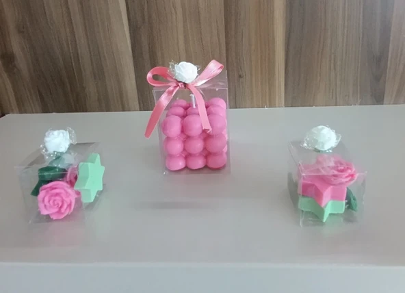 Kokulu Doğal pembe yeşil renk 3 lü Dekoratif  mum - Resim 2