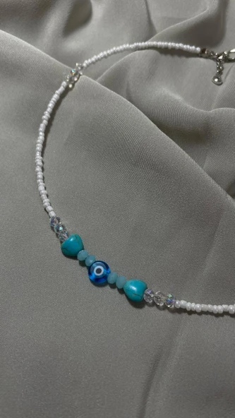 El Yapımı Nazar Boncuklu Turkuaz Boncuklu Kolye - Resim 2