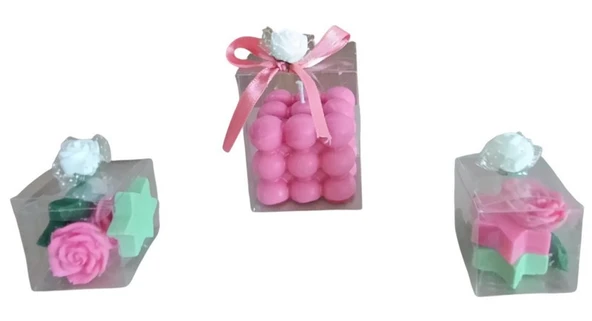 Kokulu Doğal pembe yeşil renk 3 lü Dekoratif  mum - Resim 3