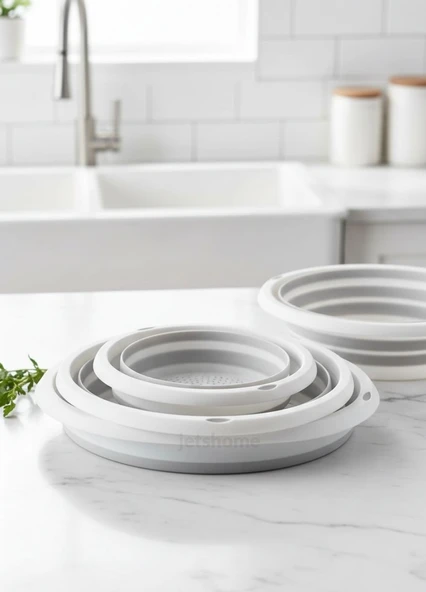 Çeyizlik 4’lü Katlanır Badya Leğen Süzgeç Seti – Akordiyon Tasarım, Yer Tasarrufu - Resim 2