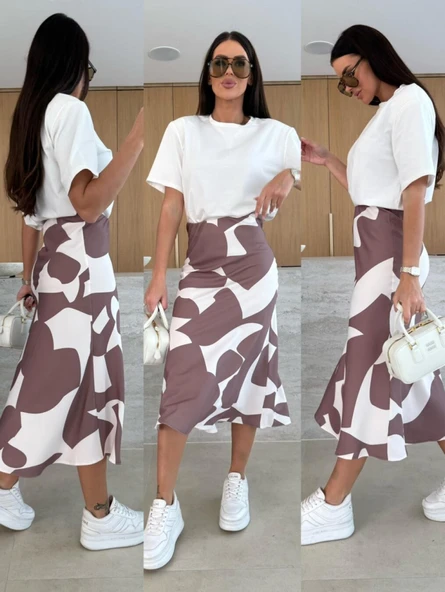 Kadın Kısa Kollu Bisiklet Yaka Viskon Bluz Ve Desenli Süprem Etek Ikili Takım - Resim 2