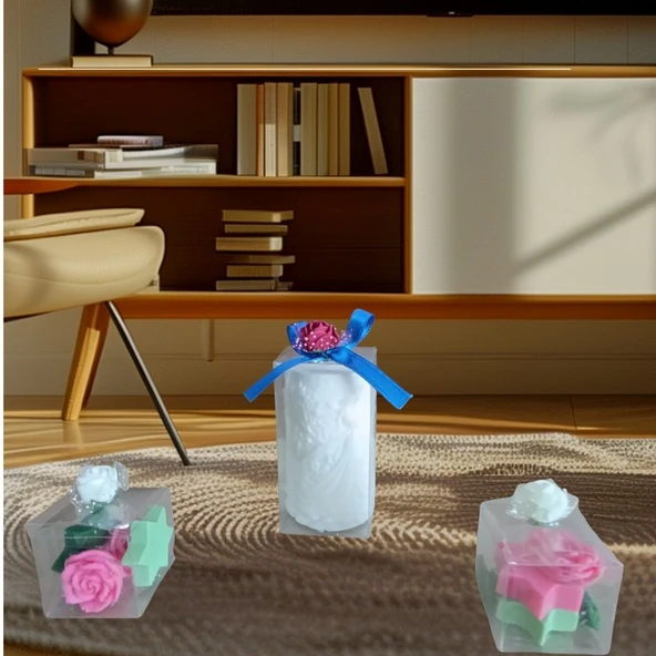 Taçlı prenses gül ve yıldız görünümlü Kokulu Doğal beyaz pembe yeşil renk 3lü Dekoratif  mum ürün görseli