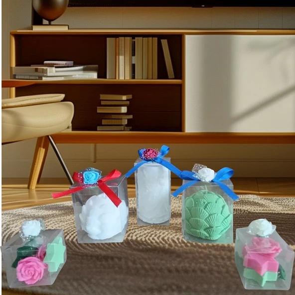 Taçlı prenses ıstiridye ve yıldız gül  görünümlü Kokulu Doğal beyaz pembe yeşil renk 6lı Dekoratif  mum