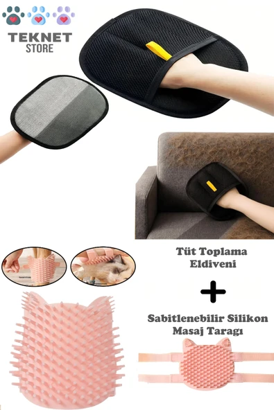 Kedi Köpek Tüy Toplama Eldiveni & Evcil Hayvan Masaj Tarağı 2'li Set