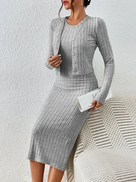 Kadın Uzun Kollu şardonlu Kaşkorseönü Düğmeli Mini Boy Elbise Ikili Takım - Resim 6