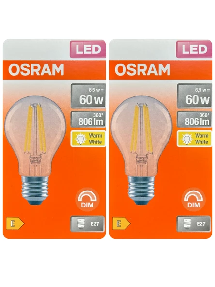 (2 Adet) Osram 6,5W (60W) 2700K (Sarı Işık) Dim Edilebilir E27 Duylu (Kalın Duy) Led Şeffaf Ampul ürün görseli