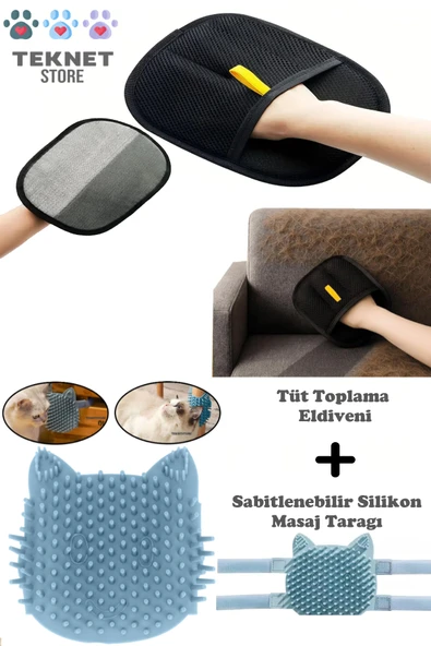 Evcil Hayvan Tüy Toplama Eldiveni & Kedi Köpek Silikon Masaj Tarağı 2'li Set