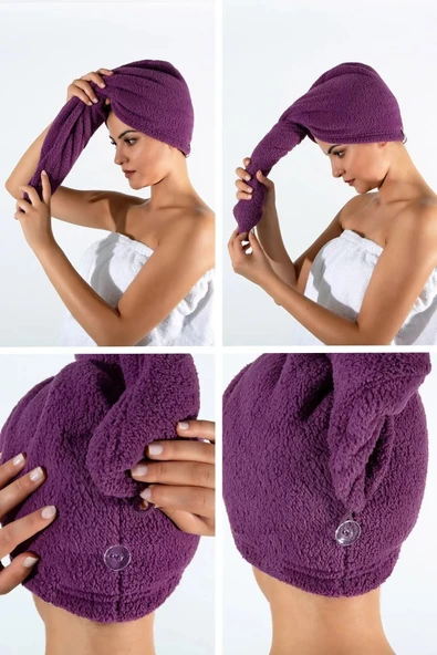 2 Adet Mor Mikrofiber Düğmeli Lastikli Banyo Pilaj Havuz Saç Bonesi Saç Havlusu