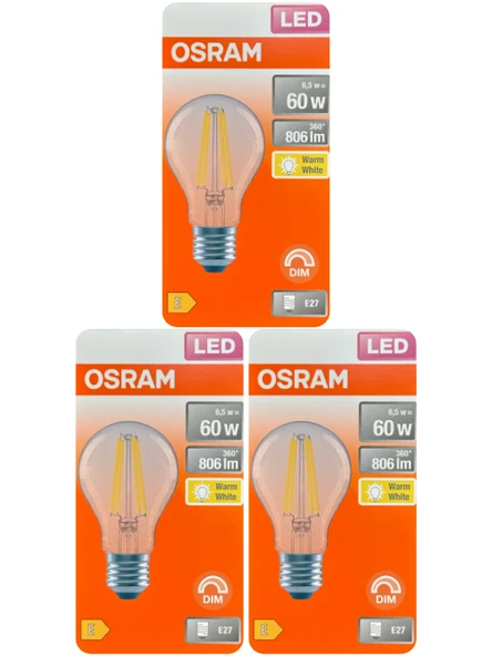 (3 Adet) Osram 6,5W (60W) 2700K (Sarı Işık) Dim Edilebilir E27 Duylu (Kalın Duy) Led Şeffaf Ampul ürün görseli