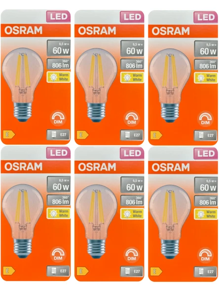(6 Adet) Osram 6,5W (60W) 2700K (Sarı Işık) Dim Edilebilir E27 Duylu (Kalın Duy) Led Şeffaf Ampul ürün görseli