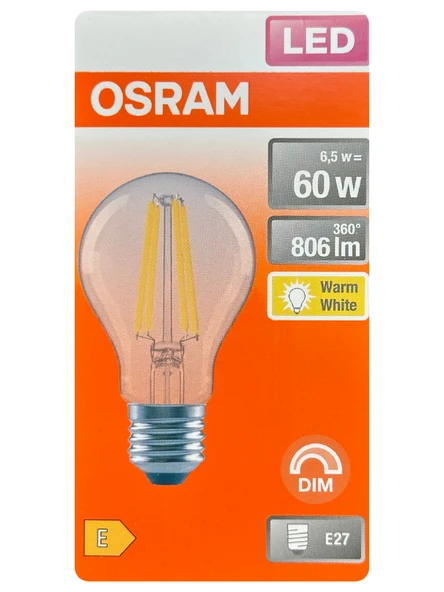 (5 Adet) Osram 6,5W (60W) 2700K (Sarı Işık) Dim Edilebilir E27 Duylu (Kalın Duy) Led Şeffaf Ampul - 2