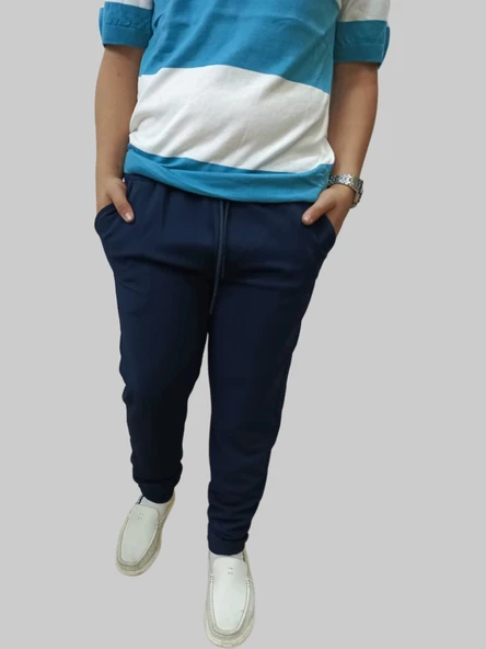 Erkek Beli Lastikli Bağcıklı Çakıl Taşlı  Patlı Lacivert Jogger Pantolon - 1