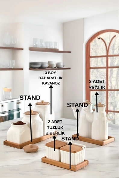 10 Parça Standlı Yağlık Baharatlık Tuzluk Takımı Çay Kahve Şeker Kavanozu Seti Yağdanlık Tuzluk Biberlik - 2